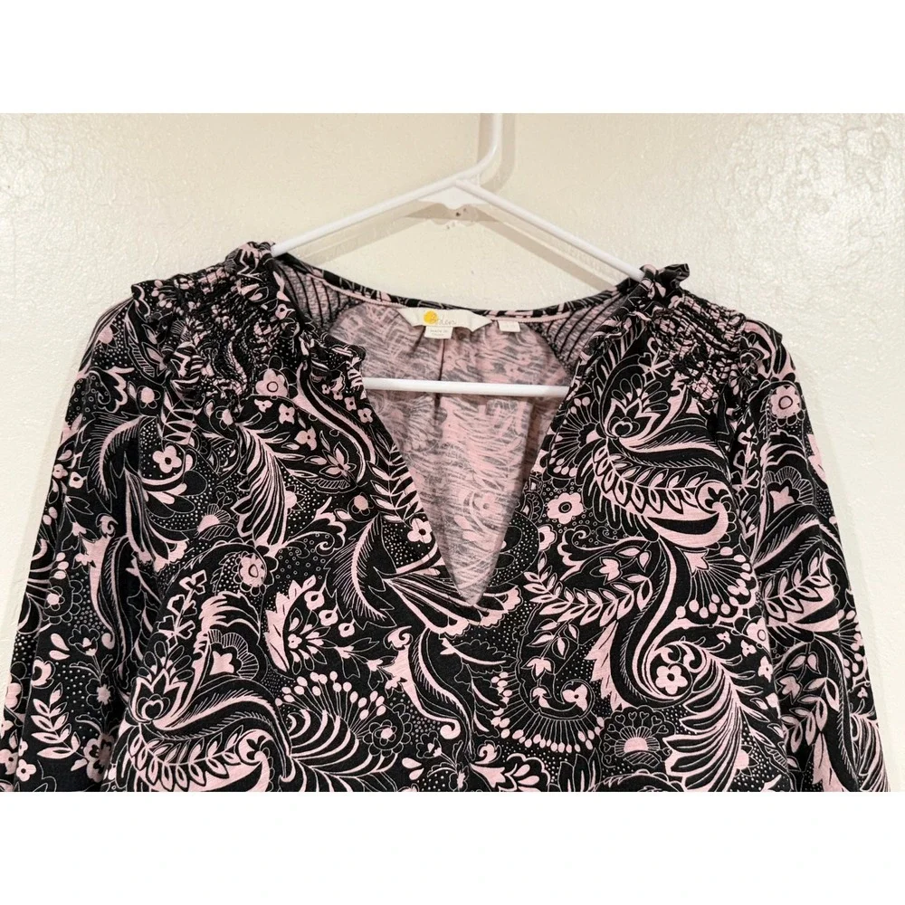 Boden Pink Black Paisley Smocked V-Neck Cotton Blouse Top T1034 US 10 UK 14